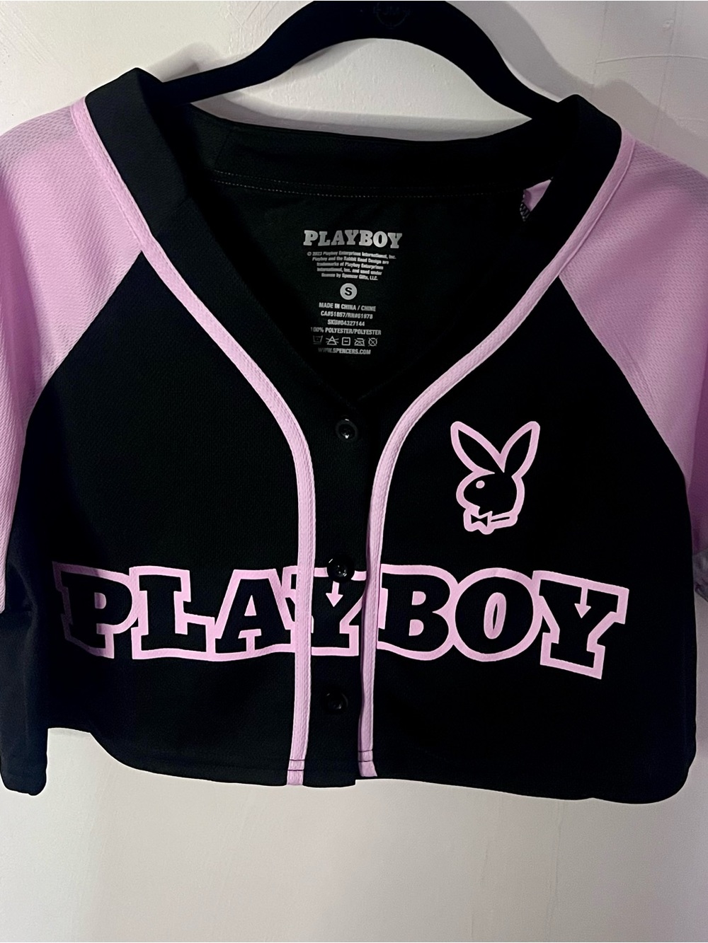 PLAYBOY Black and Pink Baseball-Style Button Front Top